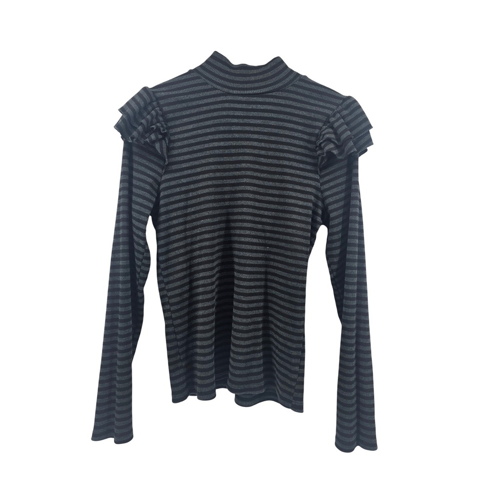 Anthropologie t.la Top Women XL Black Grey Striped Ruffle Shoulder Mock Neck Rib